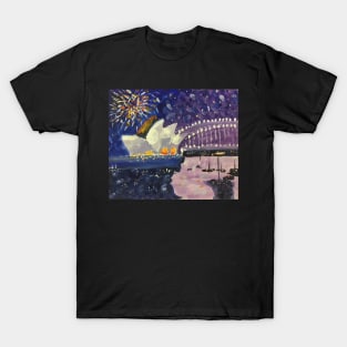 Sydney Harbour New Year Eve Fireworks 2, a painting by Geoff Hargraves T-Shirt